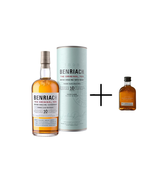 Butelka i tuba 10-letniej szkockiej whisky BenRiach The Original Ten oraz miniaturowa butelka.