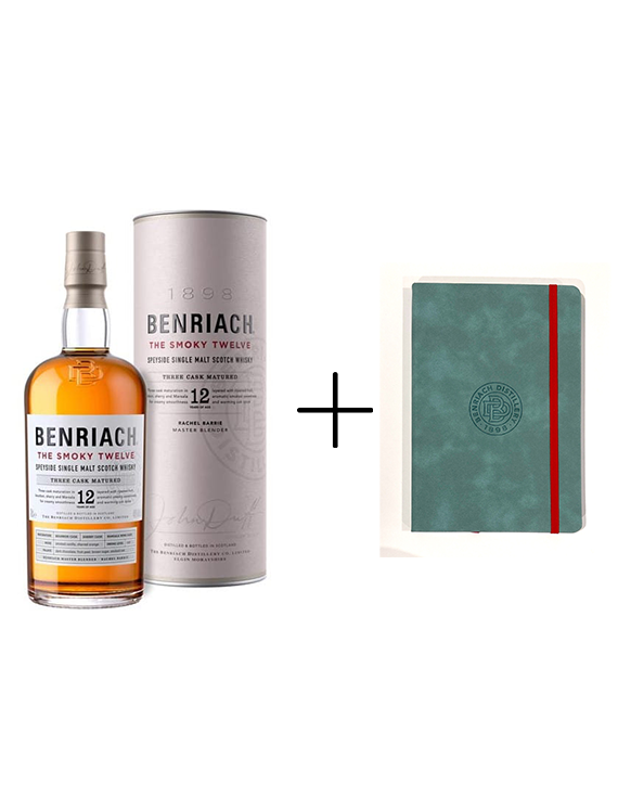 Butelka i tuba 12-letniej szkockiej whisky BenRiach The Smoky Twelve w zestawie z zielonym notatnikiem.