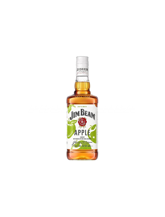 Butelka smakowej whiskey Jim Beam Apple z zielonymi jabłkami na etykiecie.