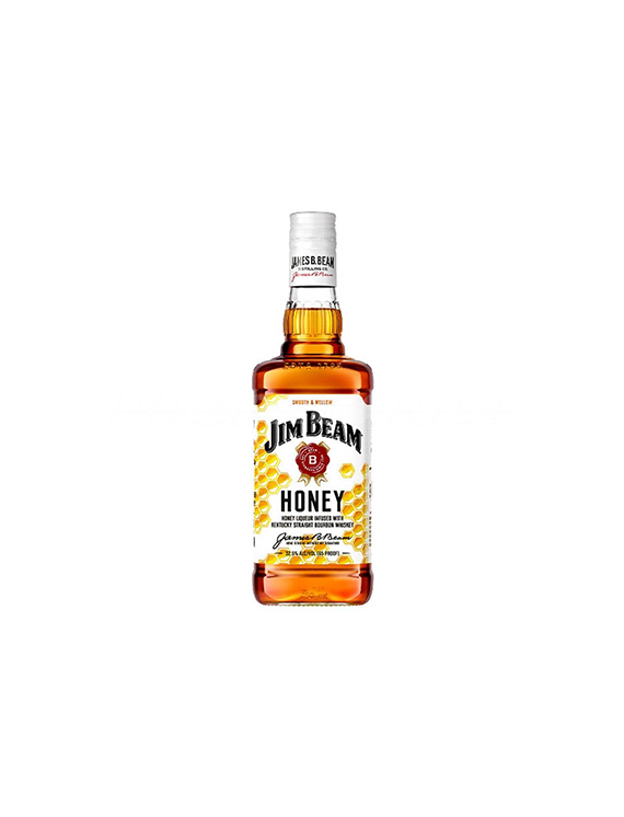 Butelka miodowej whiskey Jim Beam Honey z motywem plastra miodu na etykiecie.