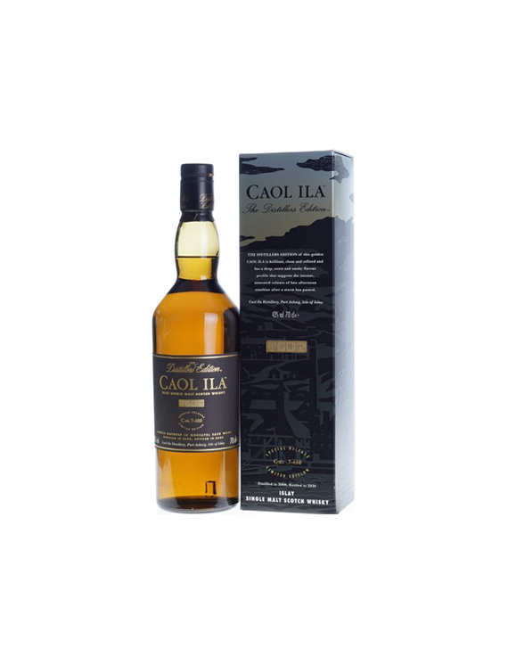 Butelka i czarne opakowanie szkockiej single malt whisky Caol Ila Distillers Edition z Islay.