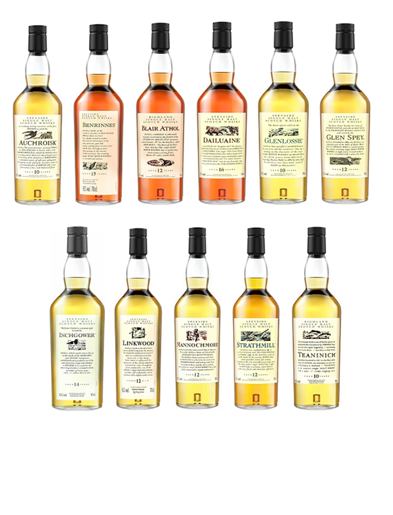 Zestaw 11 butelek szkockich whisky single malt z serii Flora & Fauna, w tym Auchroisk, Benrinnes, Blair Athol, Dailuaine, Glenlossie, Glen Spey, Inchgower, Linkwood, Mannochmore, Strathmill i Teaninich.
