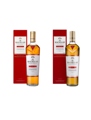 Dwie butelki szkockiej single malt whisky The Macallan Classic Cut w czerwonych opakowaniach.