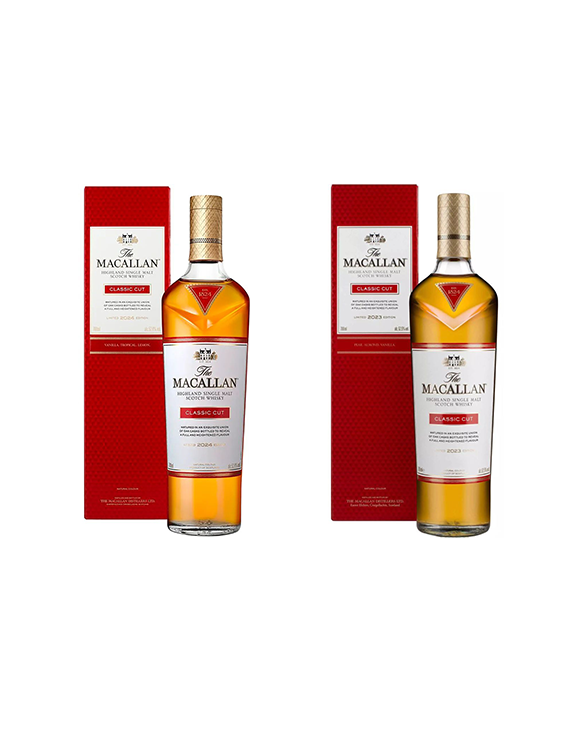 Dwie butelki szkockiej single malt whisky The Macallan Classic Cut w czerwonych opakowaniach.
