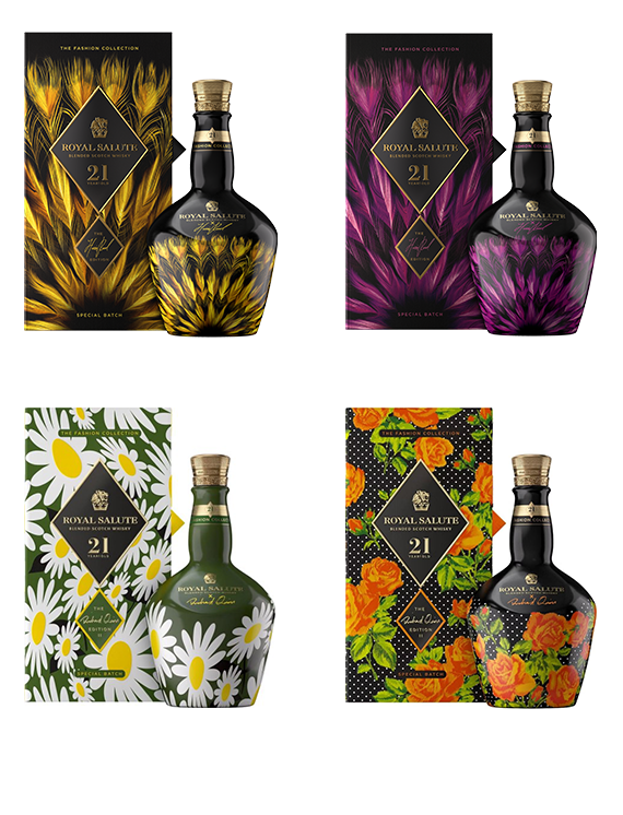Cztery butelki i opakowania 21-letniej szkockiej whisky Royal Salute w limitowanych edycjach z motywami piór i kwiatów: czarno-żółtej, czarno-fioletowej, zielonej w stokrotki oraz pomarańczowej w róże.