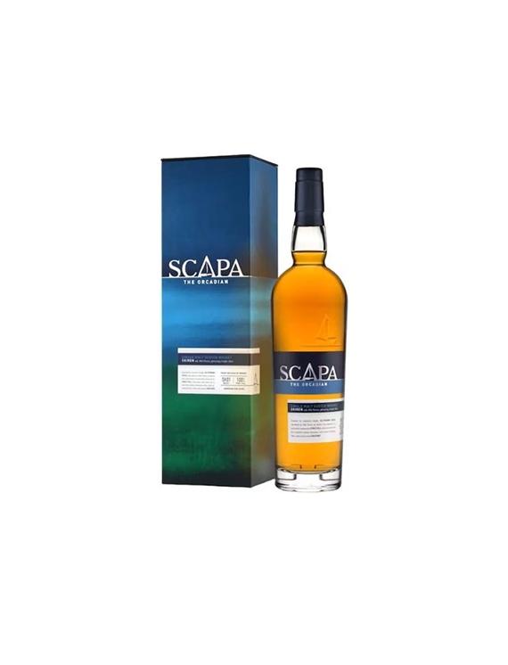 Butelka i pudełko szkockiej whisky single malt Scapa The Orcadian z niebiesko-zielonym opakowaniem.